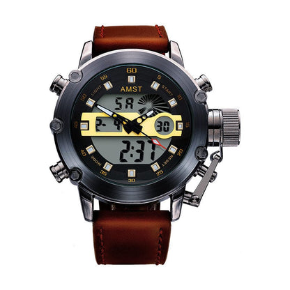 A round analog-digital wristwatch with a brown leather strap, a dark grey metal bezel, and a black dial featuring yellow accents, digital displays, and a prominent crown guard on the right side.