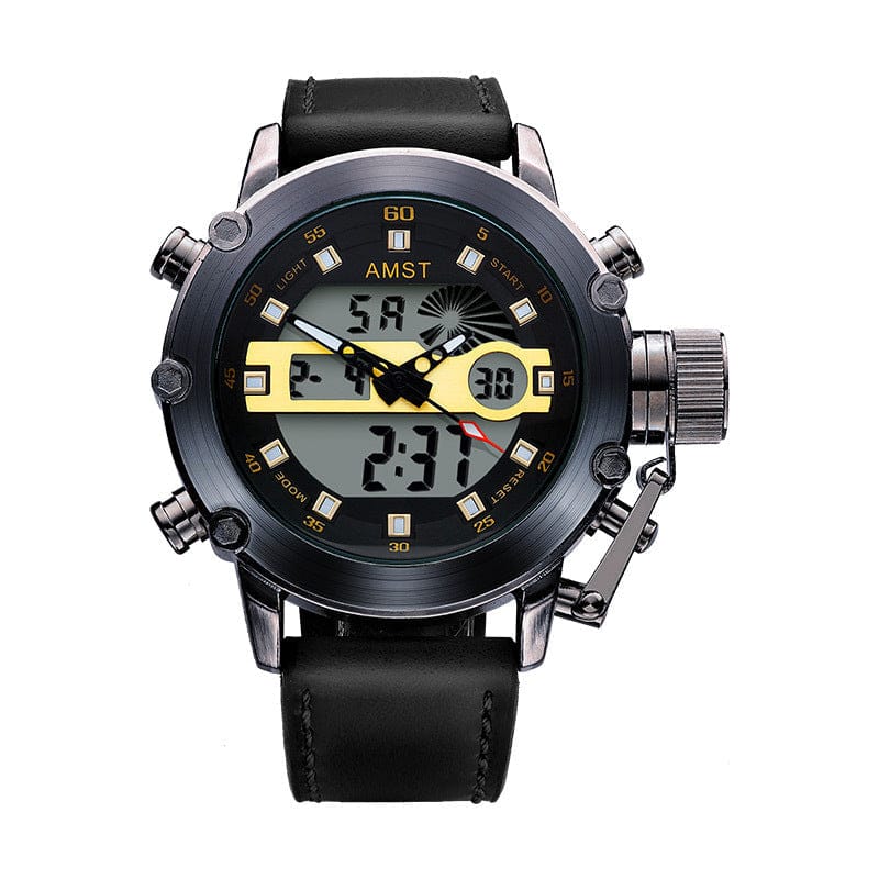 A black analog and digital quartz sports watch with a leather strap, featuring a round dark metallic case with yellow accents on the watch face and a prominent crown guard.