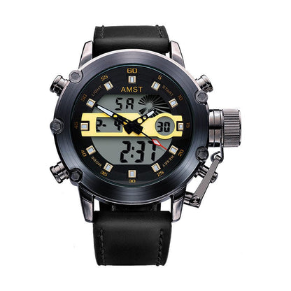 A black analog and digital quartz sports watch with a leather strap, featuring a round dark metallic case with yellow accents on the watch face and a prominent crown guard.