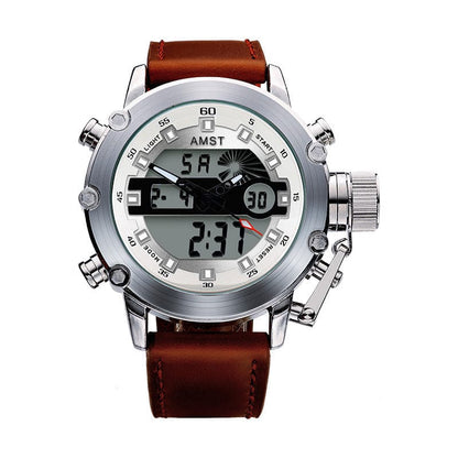 A silver-toned analog and digital wristwatch with a white face, black hands, and a brown leather strap set against a white background.