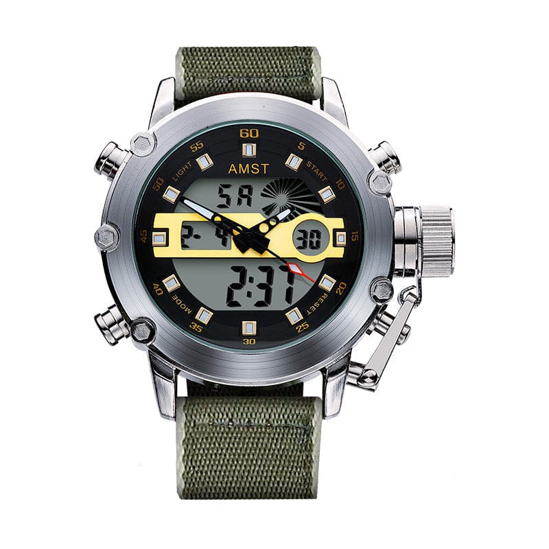 A round analog and digital wristwatch with a silver metal bezel, black dial, gold accents, and an olive green canvas strap.