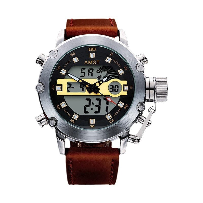 A round analog and digital watch features a silver stainless steel case, a black dial with gold accents, and a brown leather strap.