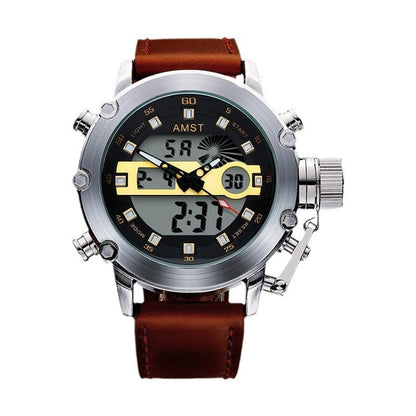 A round analog and digital watch features a silver stainless steel case, a black dial with gold accents, and a brown leather strap.