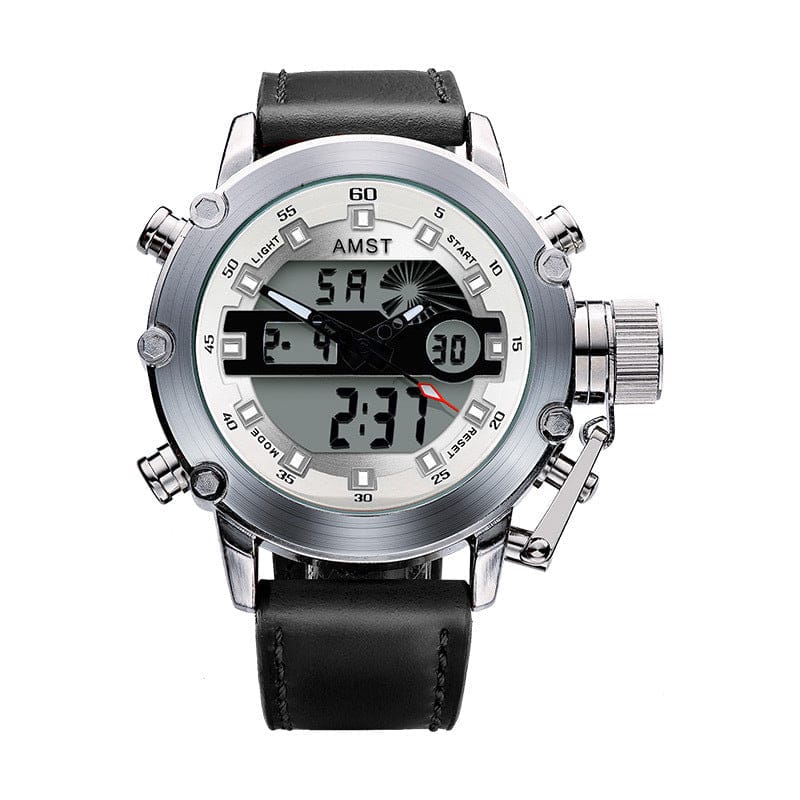 A wrist watch with a silver round bezel, black leather strap, and a dual analog and digital display face featuring black markings and hands.