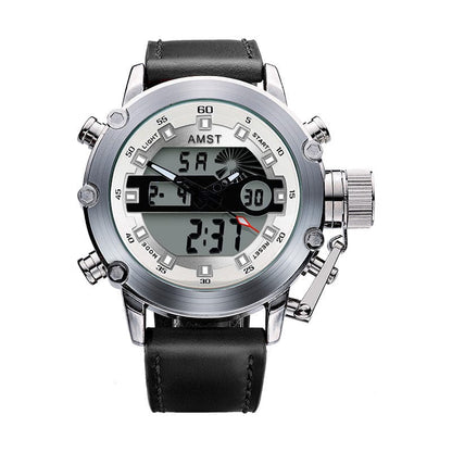 A wrist watch with a silver round bezel, black leather strap, and a dual analog and digital display face featuring black markings and hands.