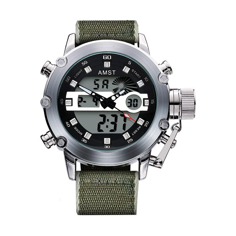 An analog-digital wristwatch with a round silver-tone case, a black dial featuring white hour markers, and a dark green canvas strap.