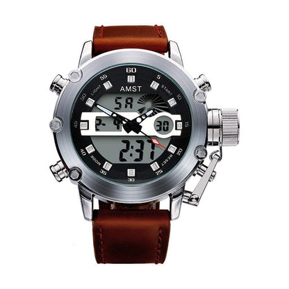 An analog-digital wristwatch with a circular silver metal case, a black dial featuring both hands and a digital display, and a brown leather strap.