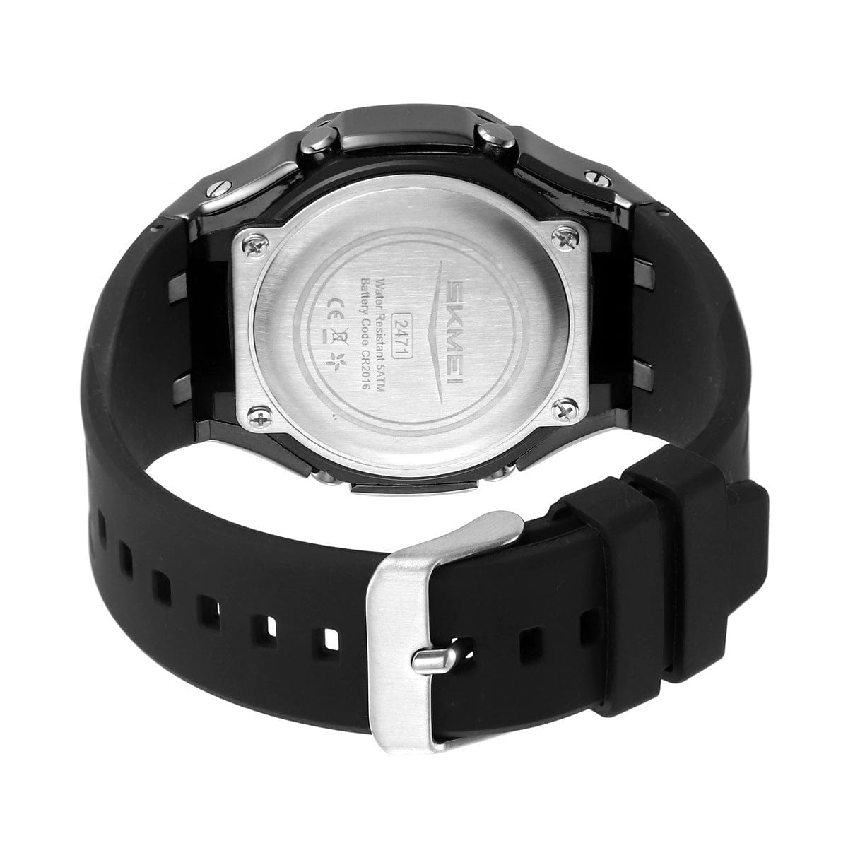 The back of a black wristwatch features a round metal case with screws and a black silicone strap with a metal buckle.