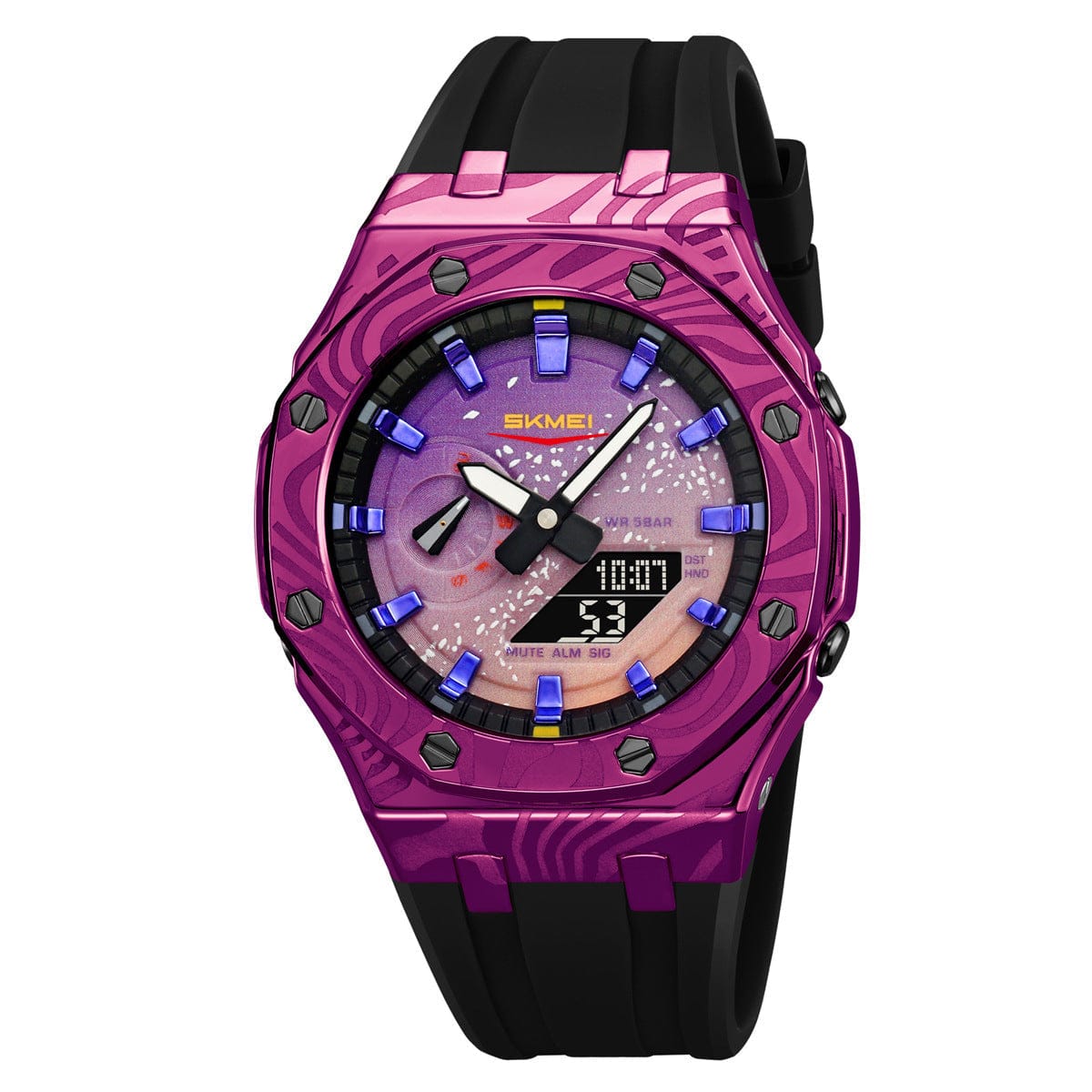 An analog-digital wristwatch with a vibrant purple, pink, and orange gradient dial, featuring a metallic purple octagonal bezel with dark patterned engravings and a black silicone strap.