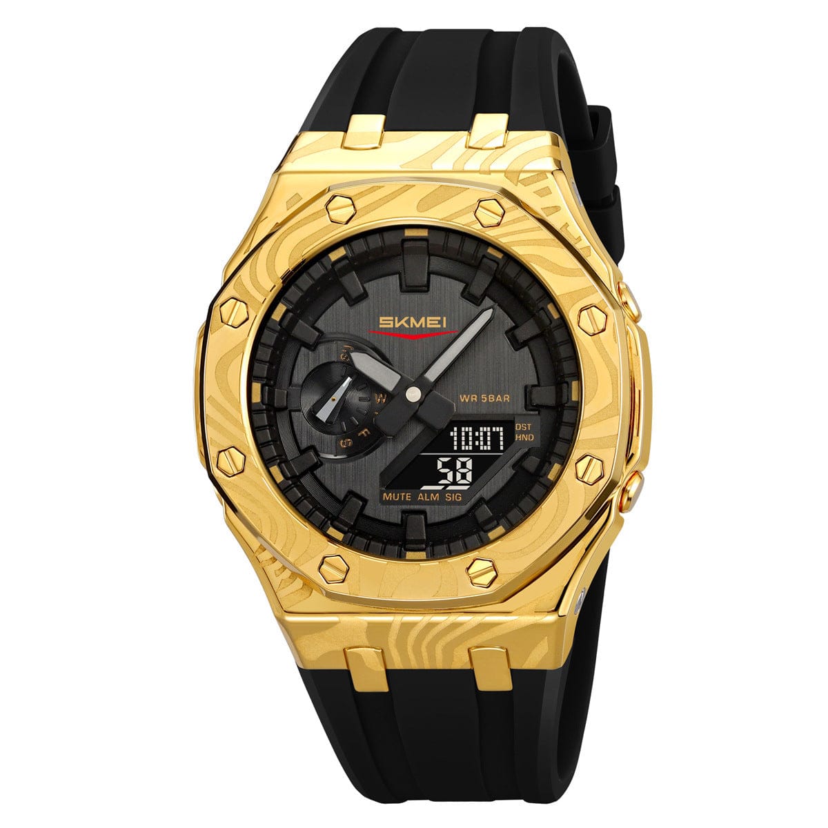 A wrist watch with a black rubber strap and an octagonal gold-toned metal case featuring an etched wave pattern and exposed screws on the bezel, surrounding a black analog-digital dial.