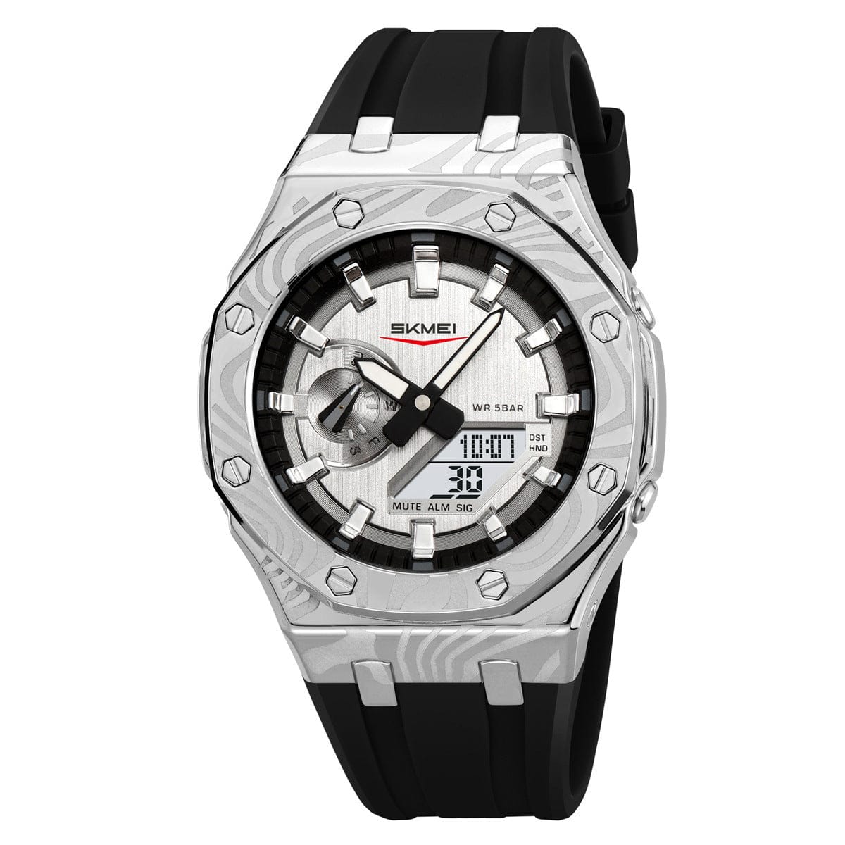 A silver-toned wristwatch featuring a black textured rubber strap, an octagonal bezel with screw-like details, and a multi-function analog-digital dial.