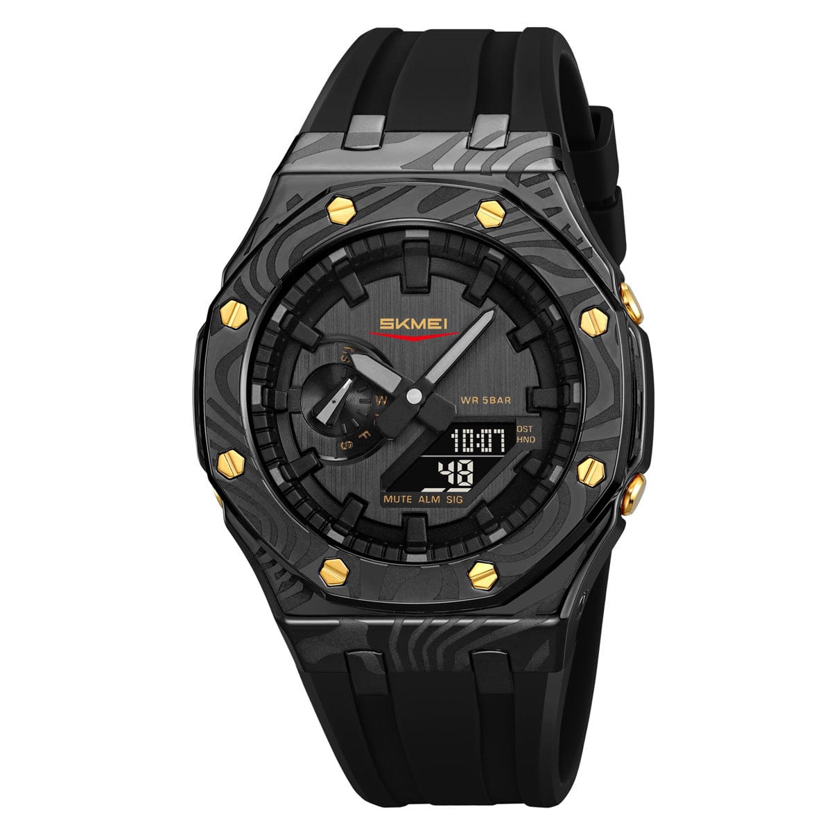 A black analog-digital wristwatch with an octagonal bezel featuring a wavy patterned texture and gold-toned accents on a black silicone strap.