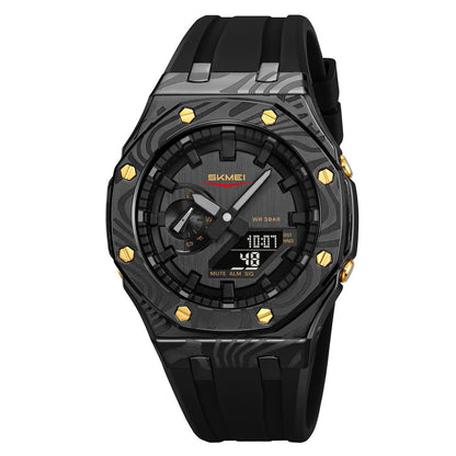 A black analog-digital wristwatch with an octagonal bezel featuring a wavy patterned texture and gold-toned accents on a black silicone strap.