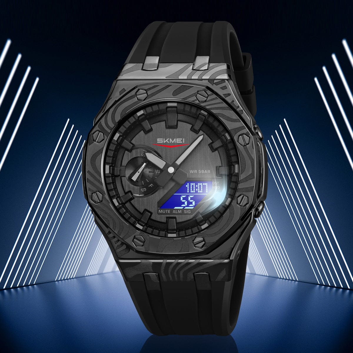 A black analog-digital wristwatch with a patterned bezel sits against a backdrop of illuminated blue vertical light beams.