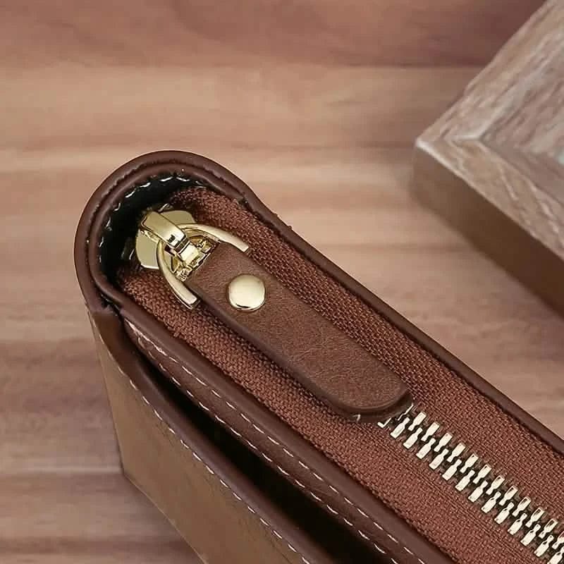 Men's PU Leather Solid Color Business Wallet, Card Holder With Zipper & Button - A-1 Thread Vault