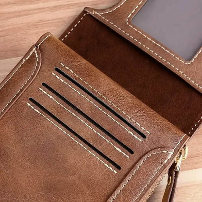 Men's PU Leather Solid Color Business Wallet, Card Holder With Zipper & Button - A-1 Thread Vault