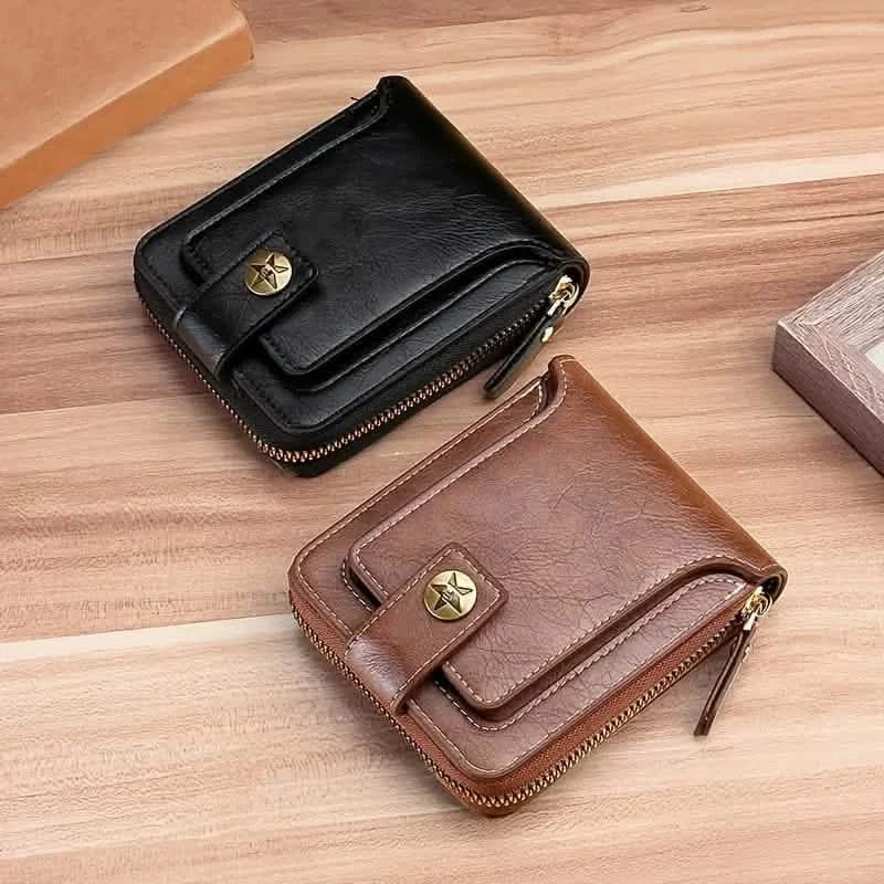 Men's PU Leather Solid Color Business Wallet, Card Holder With Zipper & Button - A-1 Thread Vault