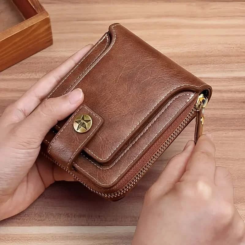 Men's PU Leather Solid Color Business Wallet, Card Holder With Zipper & Button - A-1 Thread Vault