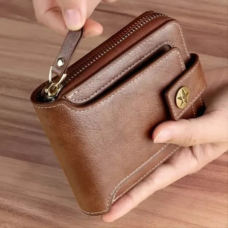 Men's PU Leather Solid Color Business Wallet, Card Holder With Zipper & Button - A-1 Thread Vault