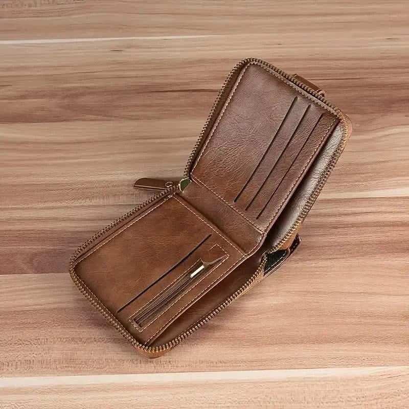 Men's PU Leather Solid Color Business Wallet, Card Holder With Zipper & Button - A-1 Thread Vault
