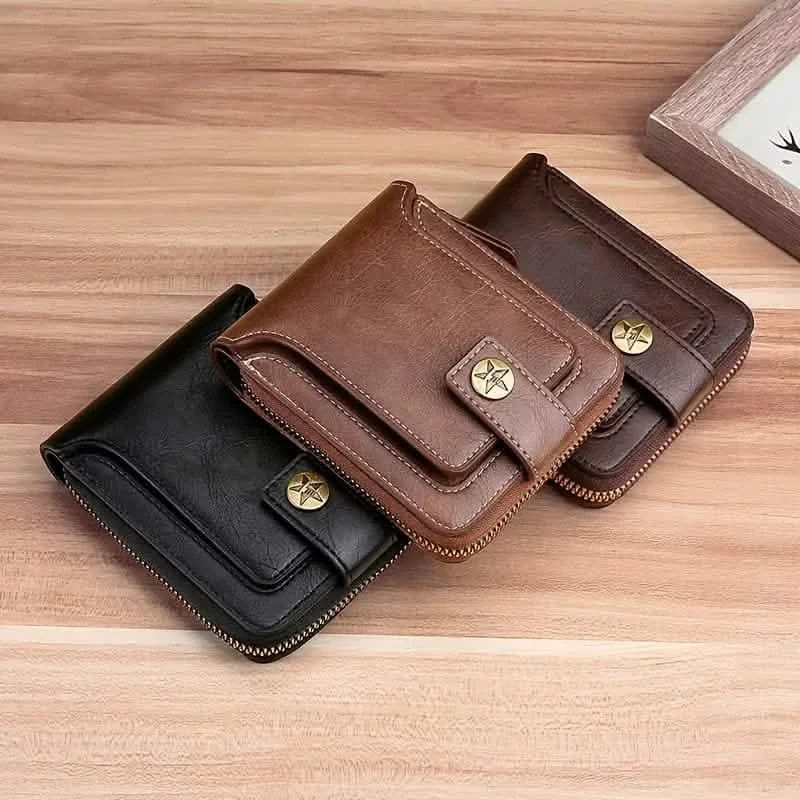 Men's PU Leather Solid Color Business Wallet, Card Holder With Zipper & Button - A-1 Thread Vault
