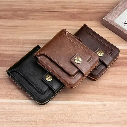 Men's PU Leather Solid Color Business Wallet, Card Holder With Zipper & Button - A-1 Thread Vault