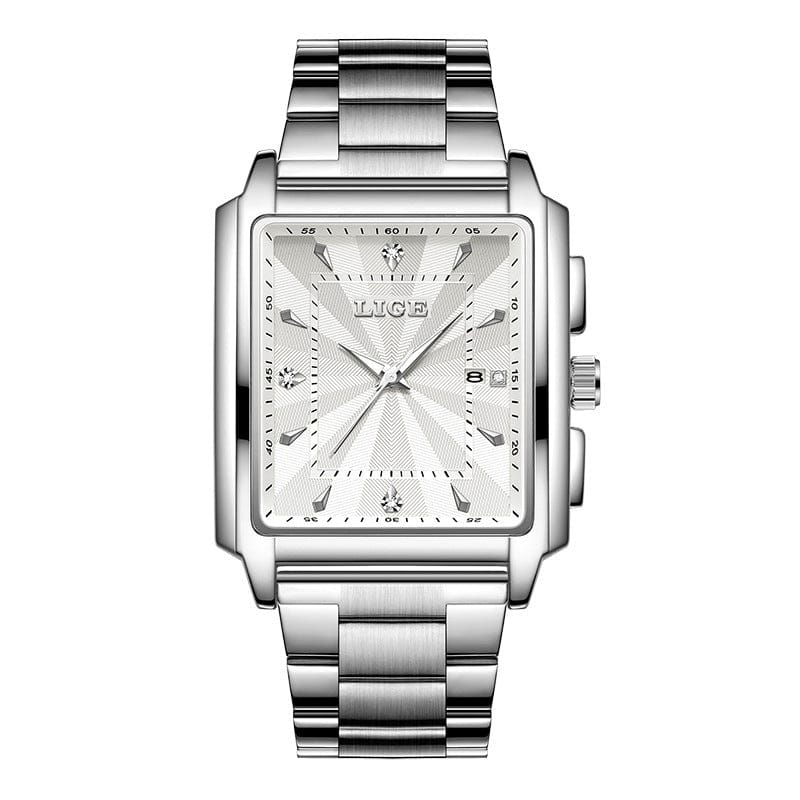 A rectangular silver-tone analog wristwatch with a matching link bracelet, featuring a textured white face with silver hands, markers, and a date window at the three o'clock position.