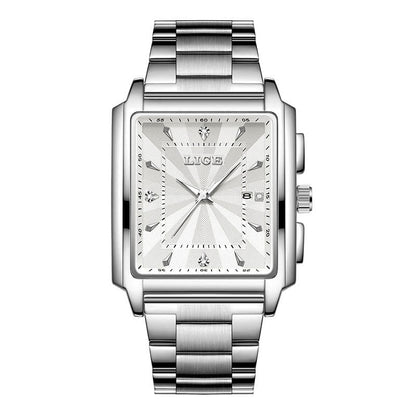 A rectangular silver-tone analog wristwatch with a matching link bracelet, featuring a textured white face with silver hands, markers, and a date window at the three o'clock position.