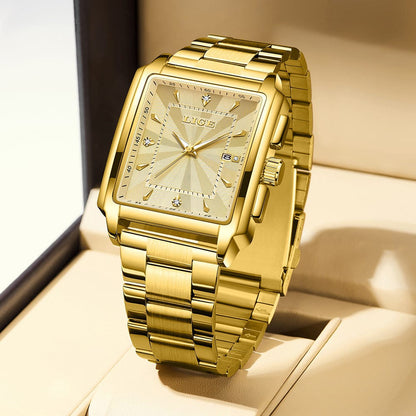 A rectangular gold-toned wristwatch with a metallic link band and a textured, diamond-accented face rests inside a beige presentation box.