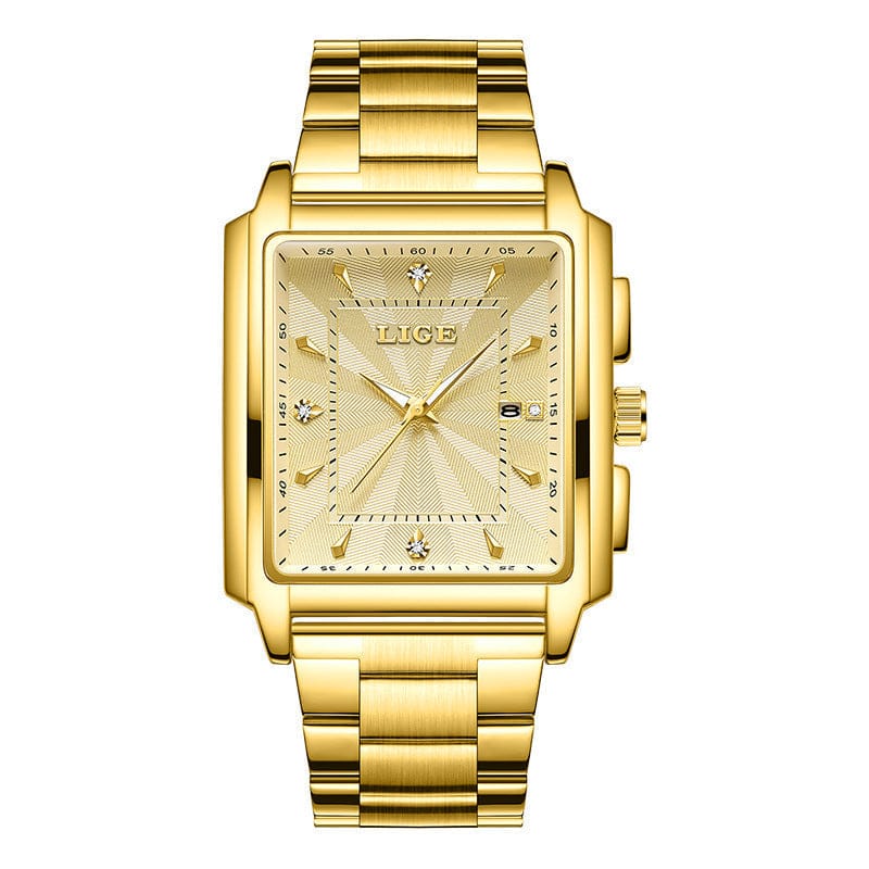 A rectangular gold-toned analog watch with a textured metallic dial, gold hands, and small stone markers on a matching link bracelet.