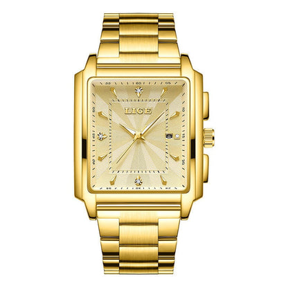 A rectangular gold-toned analog watch with a textured metallic dial, gold hands, and small stone markers on a matching link bracelet.