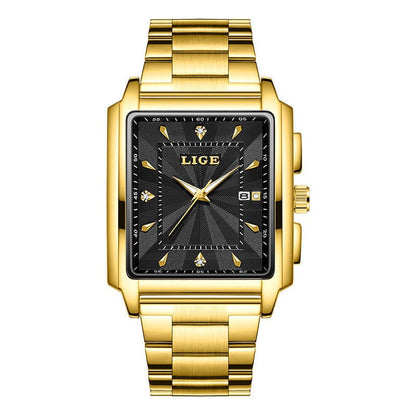 A rectangular gold-toned wristwatch with a black textured dial features gold hour markers accented with small sparkling stones, central gold hands, and a date display at the three o'clock position on a matching gold link bracelet.