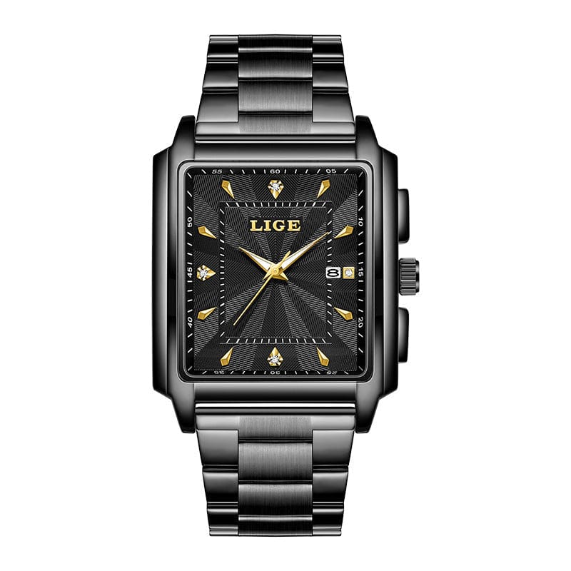 A rectangular analog wristwatch with a dark grey metallic finish, featuring a textured black dial, gold-tone hour markers, central hands, a date window, and a matching segmented stainless steel link bracelet.