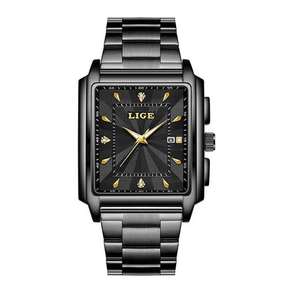A rectangular analog wristwatch with a dark grey metallic finish, featuring a textured black dial, gold-tone hour markers, central hands, a date window, and a matching segmented stainless steel link bracelet.