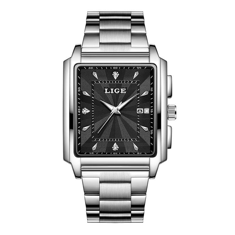 A rectangular analog wristwatch with a silver metal link band and a textured black dial featuring silver hands, hour markers, and a date display.