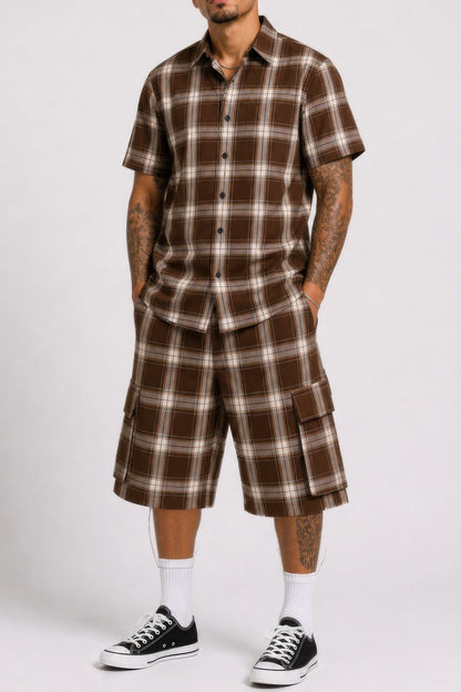 Mens Checkered Shirt And Cargo Shorts Set - A-1 Thread Vault