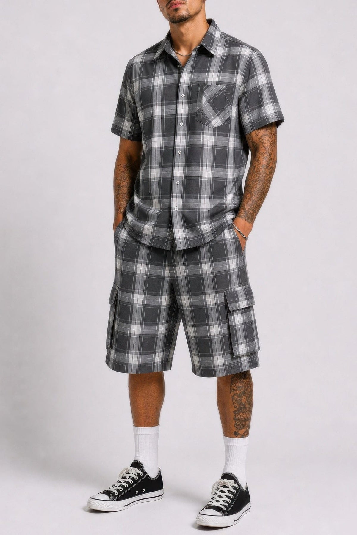 Mens Checkered Shirt And Cargo Shorts Set - A-1 Thread Vault
