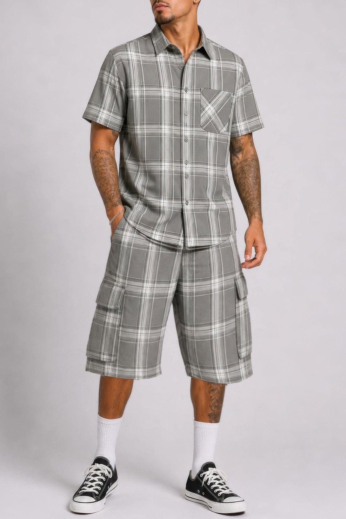 Mens Checkered Shirt And Cargo Shorts Set - A-1 Thread Vault