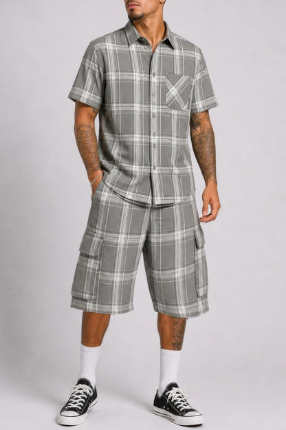 Mens Checkered Shirt And Cargo Shorts Set - A-1 Thread Vault