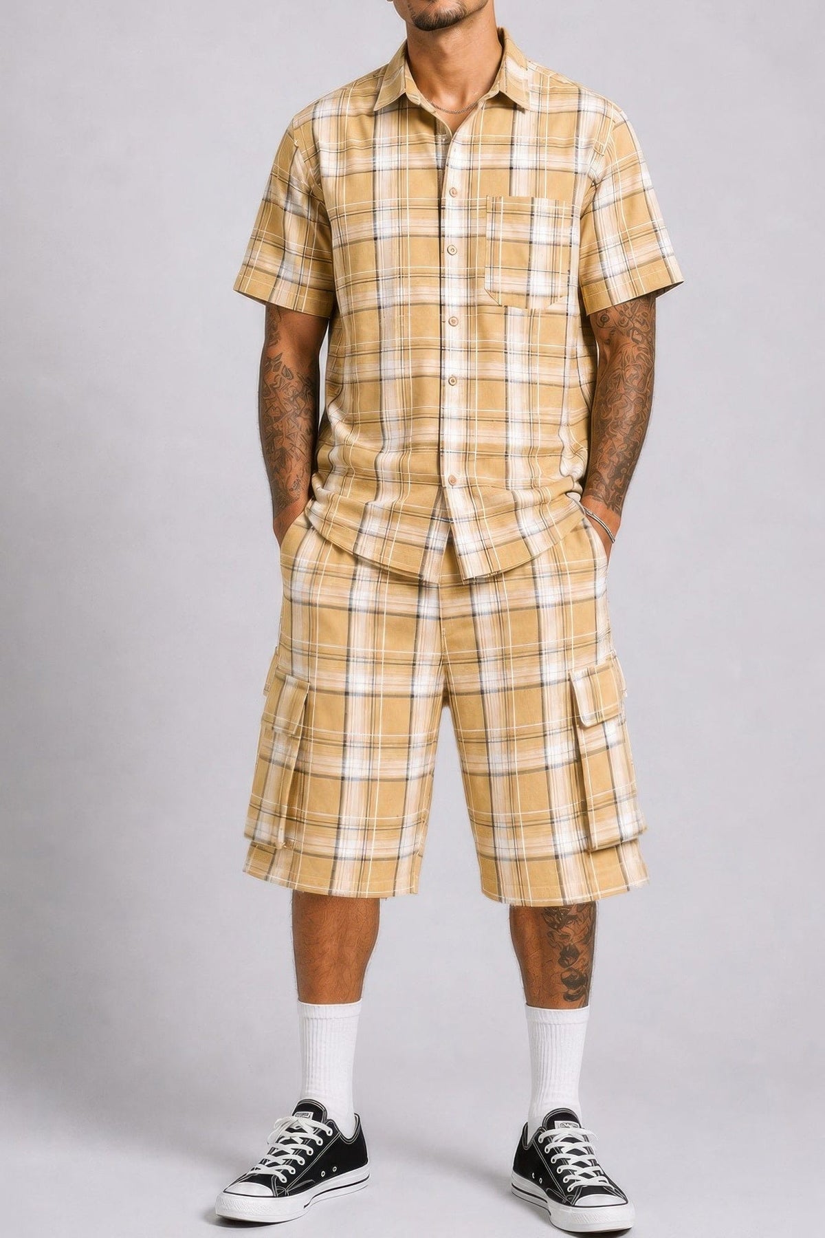 Mens Checkered Shirt And Cargo Shorts Set - A-1 Thread Vault