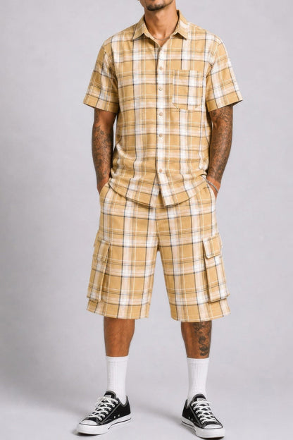 Mens Checkered Shirt And Cargo Shorts Set - A-1 Thread Vault