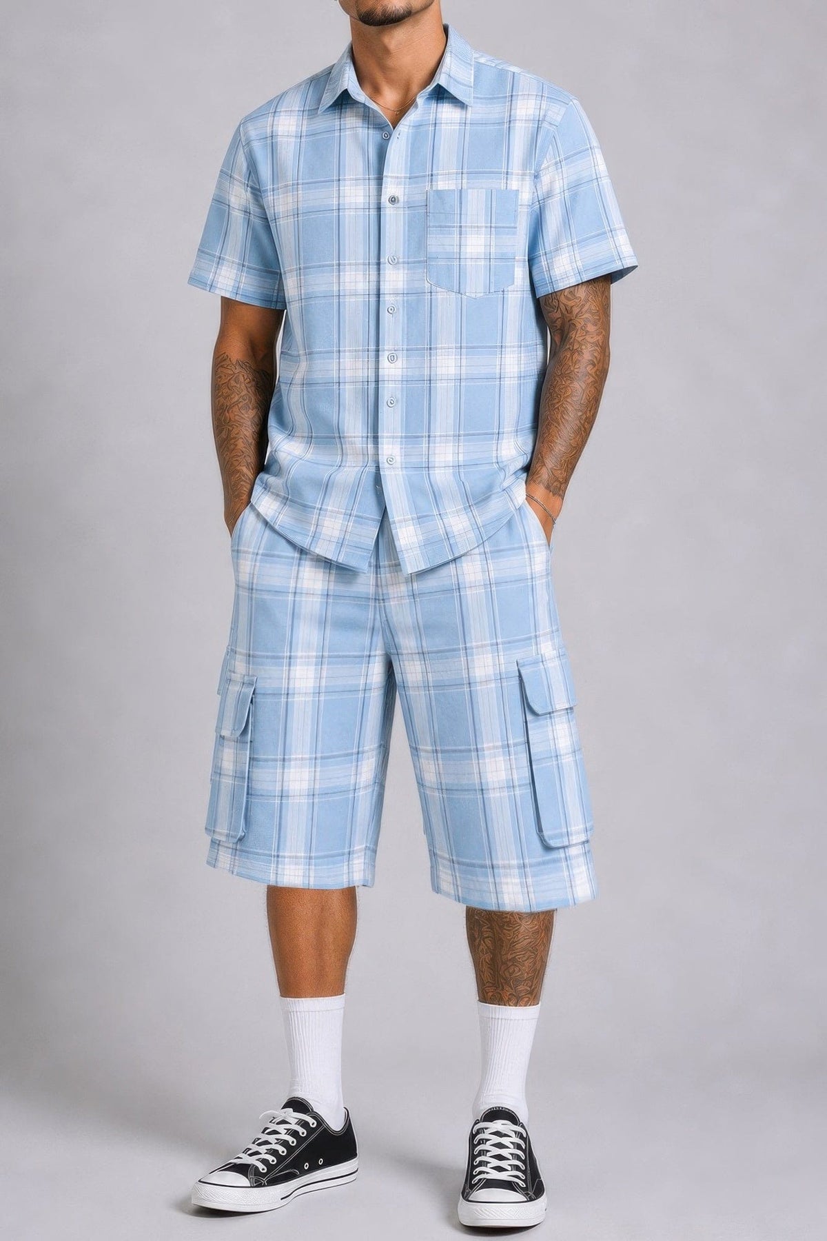 Mens Checkered Shirt And Cargo Shorts Set - A-1 Thread Vault