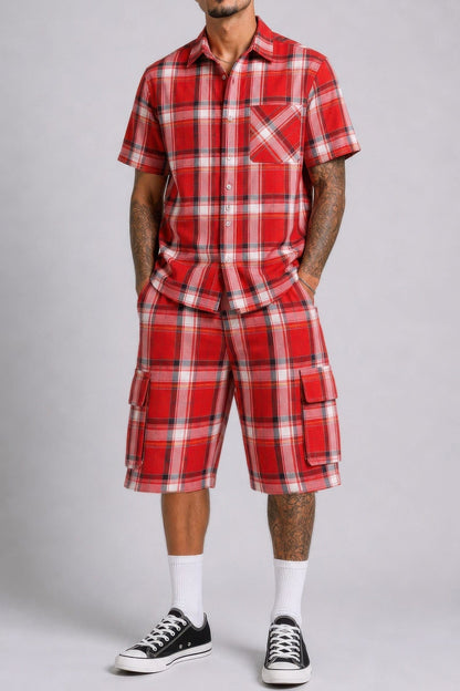 Mens Checkered Shirt And Cargo Shorts Set - A-1 Thread Vault