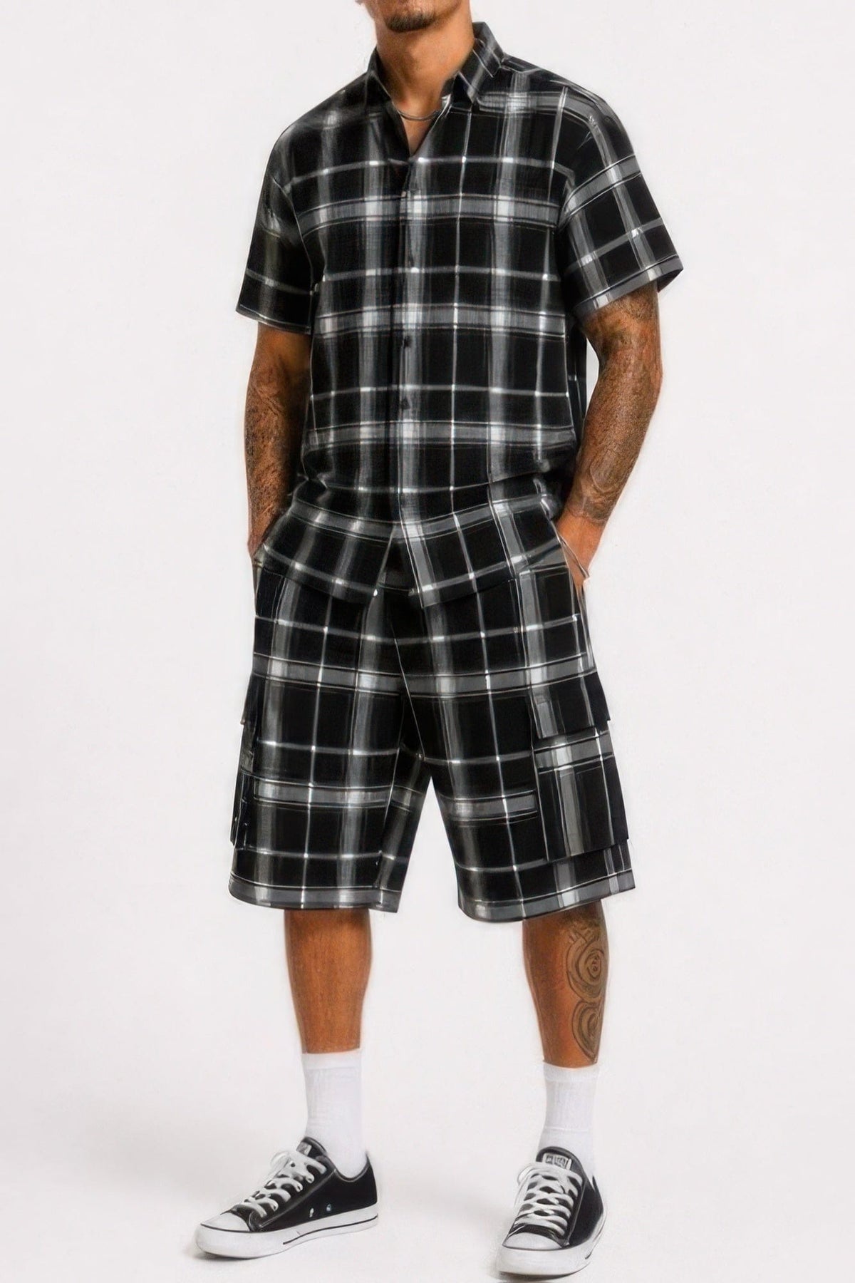 Mens Checkered Shirt And Cargo Shorts Set - A-1 Thread Vault