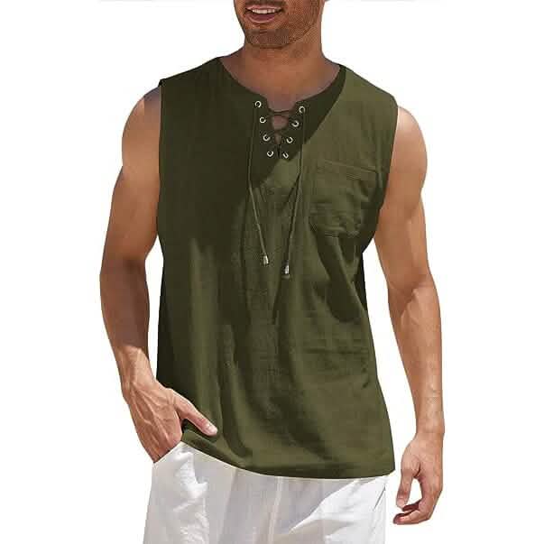 Men's Cotton Linen Tank Top Shirts Casual Sleeveless Lace Up Beach Hippie Tops Bohemian Renaissance Pirate Tunic - A-1 Thread Vault