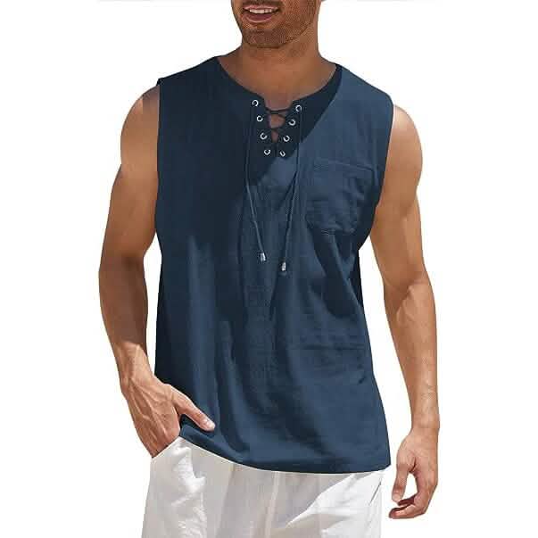 Men's Cotton Linen Tank Top Shirts Casual Sleeveless Lace Up Beach Hippie Tops Bohemian Renaissance Pirate Tunic - A-1 Thread Vault