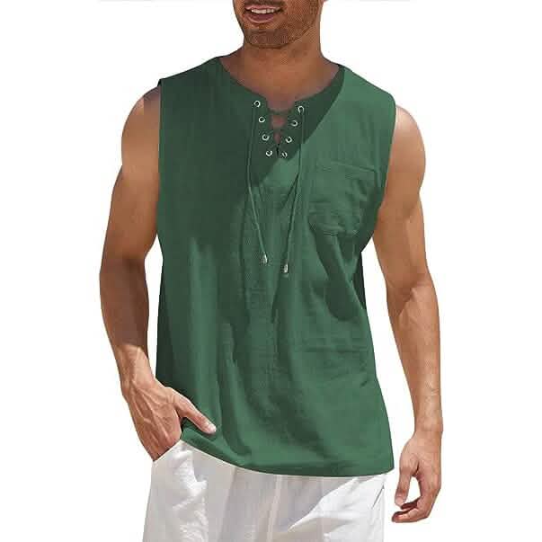 Men's Cotton Linen Tank Top Shirts Casual Sleeveless Lace Up Beach Hippie Tops Bohemian Renaissance Pirate Tunic - A-1 Thread Vault