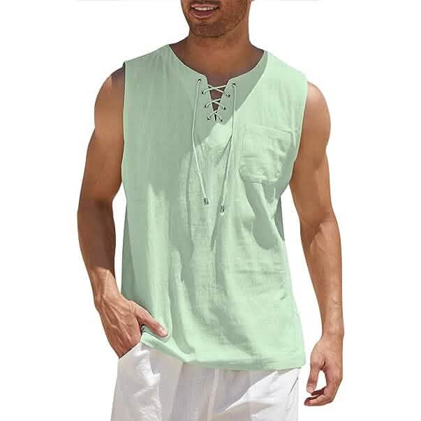 Men's Cotton Linen Tank Top Shirts Casual Sleeveless Lace Up Beach Hippie Tops Bohemian Renaissance Pirate Tunic - A-1 Thread Vault