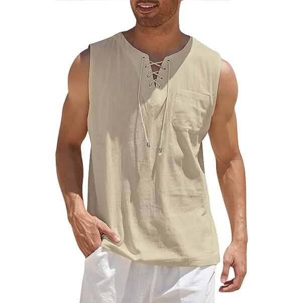 Men's Cotton Linen Tank Top Shirts Casual Sleeveless Lace Up Beach Hippie Tops Bohemian Renaissance Pirate Tunic - A-1 Thread Vault