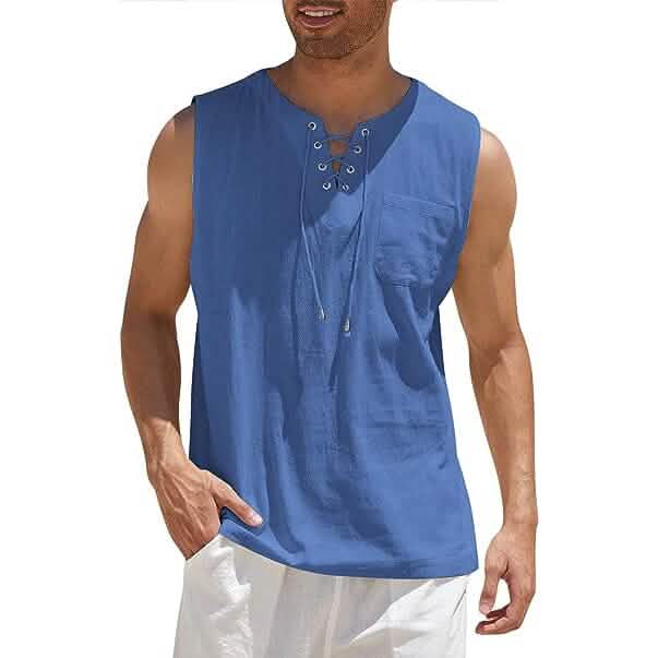 Men's Cotton Linen Tank Top Shirts Casual Sleeveless Lace Up Beach Hippie Tops Bohemian Renaissance Pirate Tunic - A-1 Thread Vault